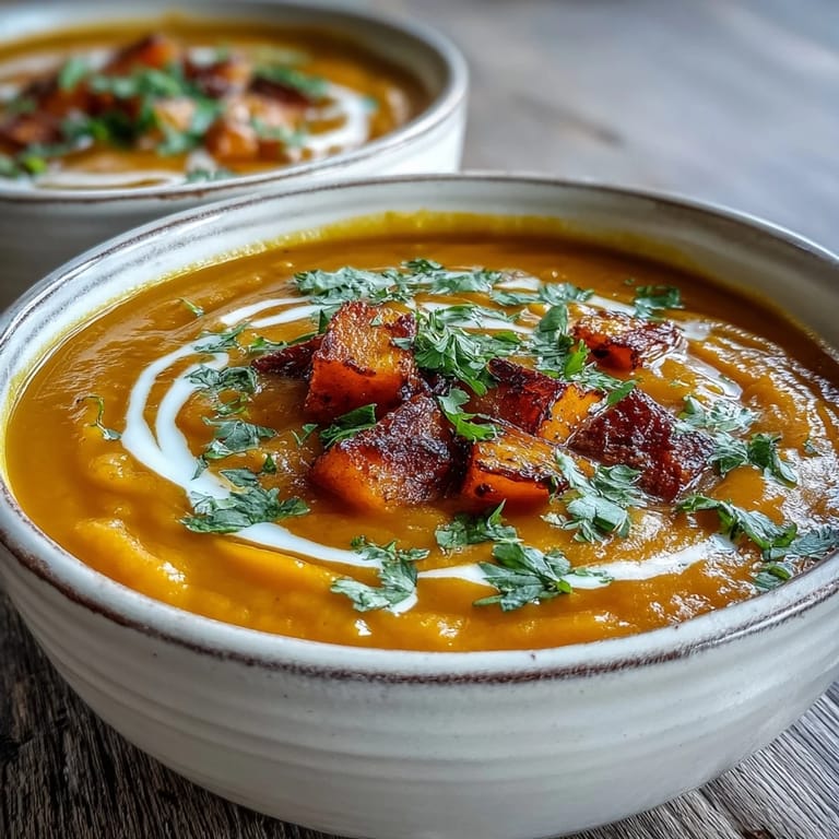 Roasted butternut squash and red lentils create a velvety, golden soup garnished with cilantro and a coconut cream swirl.