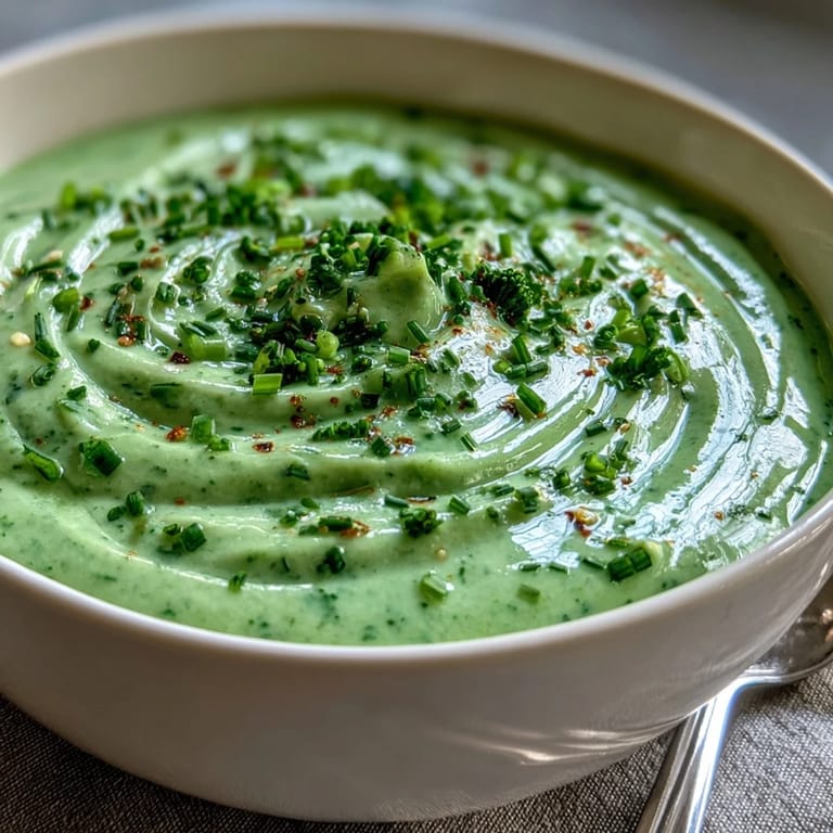 Velvety Cream of Broccoli Soup ladled into a white bowl, topped with a swirl of cream.