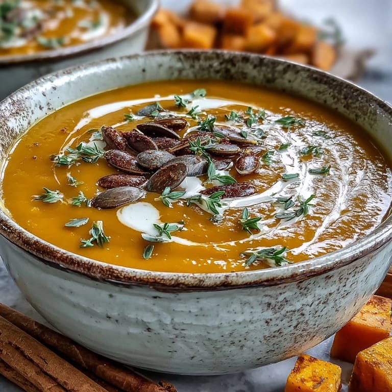 Easy Roasted Butternut Squash Soup served warm with a swirl of cream and crusty bread.
