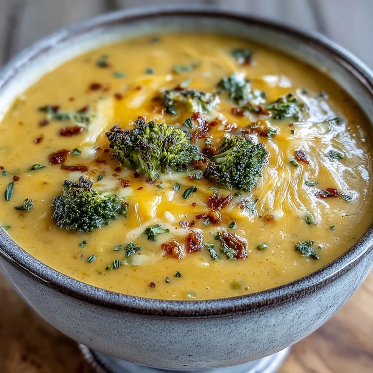 Homemade butternut squash broccoli cheddar soup, creamy and comforting with vibrant orange and green vegetables in the bowl.