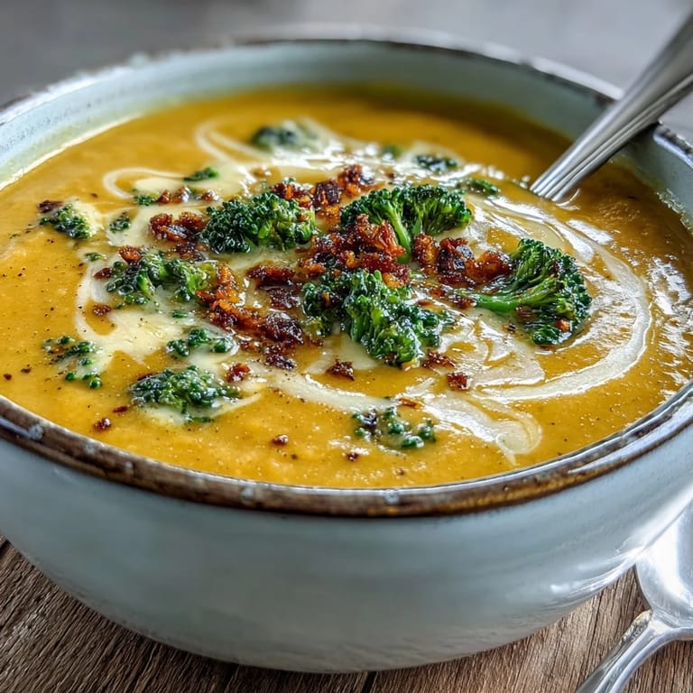 Velvety butternut squash broccoli cheddar soup in a rustic bowl, ready to serve with crusty bread for dipping.