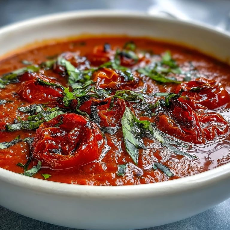 Silky roasted tomato basil soup served with a crusty bread slice for dipping, steaming gently on a wooden table.