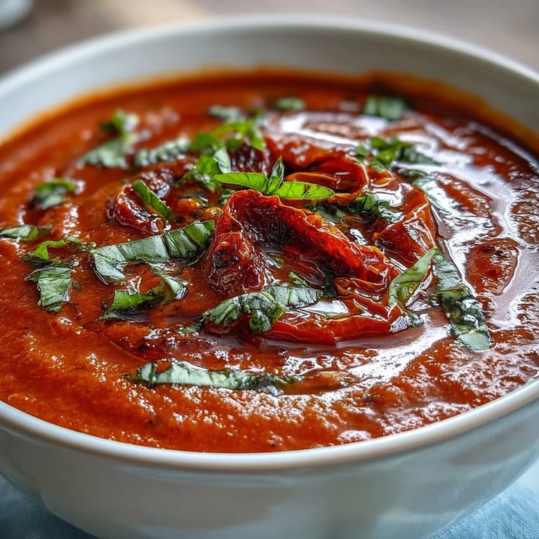 Rich, velvety Roasted Tomato Basil Soup topped with fresh basil leaves, ready to be enjoyed on a cozy evening.