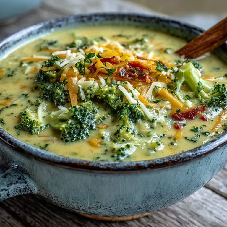 Creamy Broccoli Cheddar Soup served with a side of crusty bread, featuring melted cheddar and tender vegetables.  
