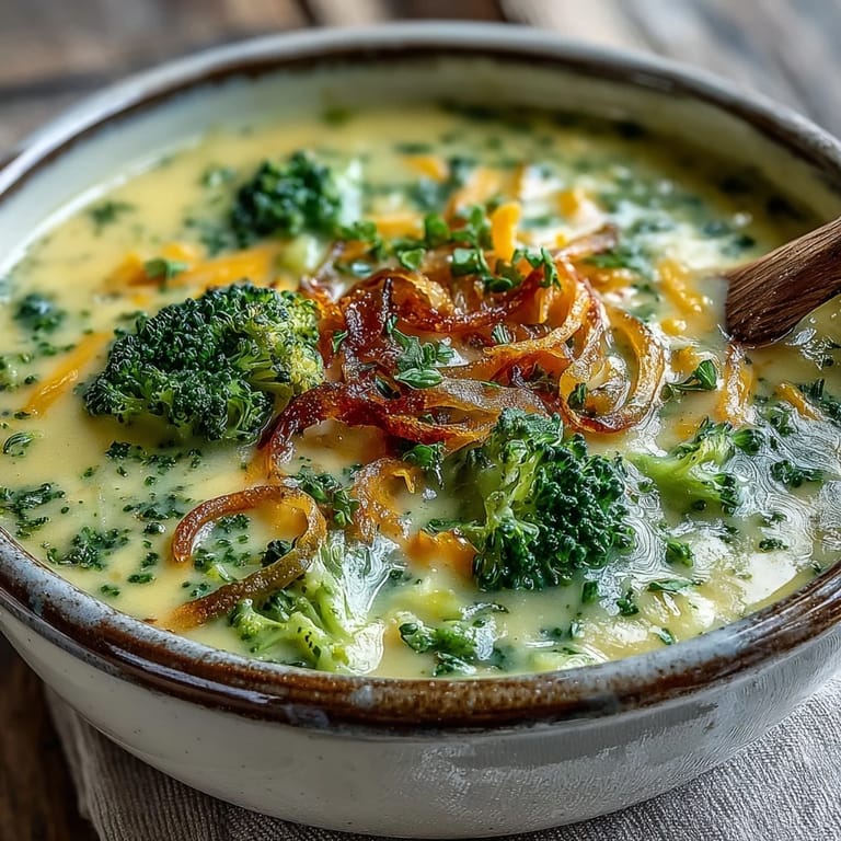 Steaming Broccoli Cheddar Soup in a white ceramic bowl, highlighting the velvety texture and bright green broccoli.
