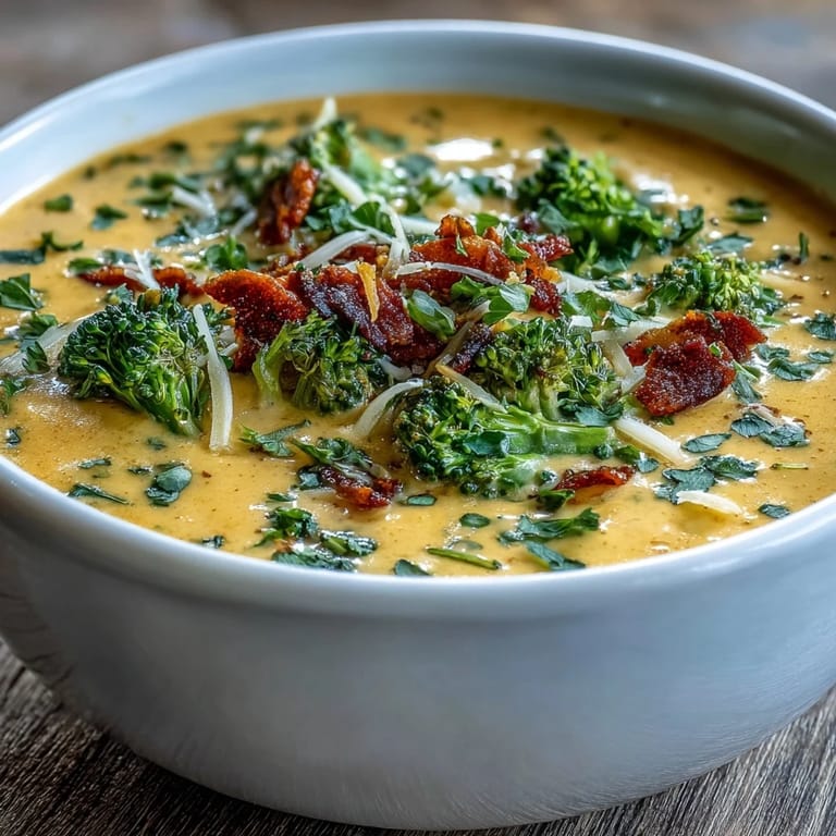 A hearty bowl of Roasted Broccoli Cheddar Soup, garnished with reserved florets and grated cheddar, ready to serve with crusty bread.