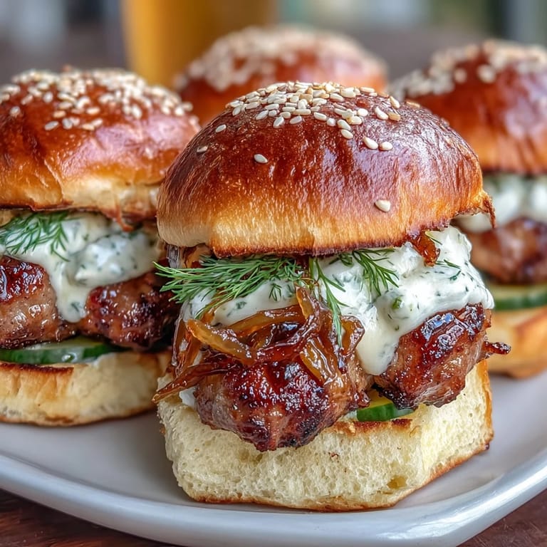 Game day Touchdown Brat Sliders with juicy bratwurst, tangy beer cheese, and caramelized onions.