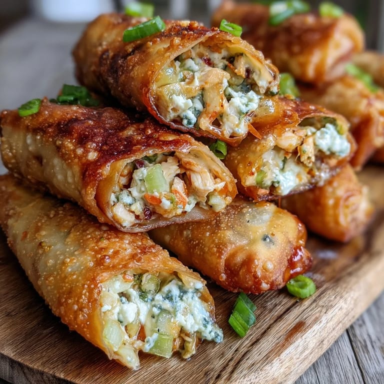 Freshly cooked Buffalo Chicken Egg Rolls steam gently on a wire rack, with buffalo sauce drizzle and green onion garnish for color.