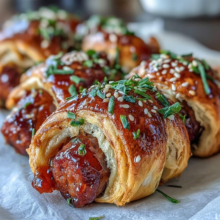 Freshly baked Pepper Jelly Hogs in a Blanket arranged on a serving tray, ready to garnish with sesame seeds.