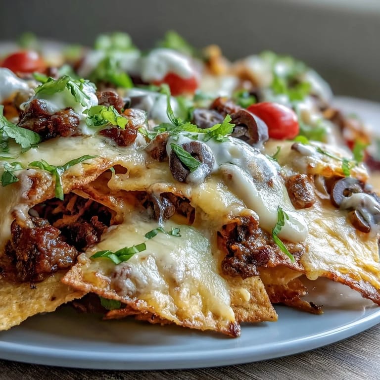 A close-up view of Baked Nachos with melted cheese bubbling over crispy chips, layered with savory ground beef, black beans, and colorful diced tomatoes and onions.