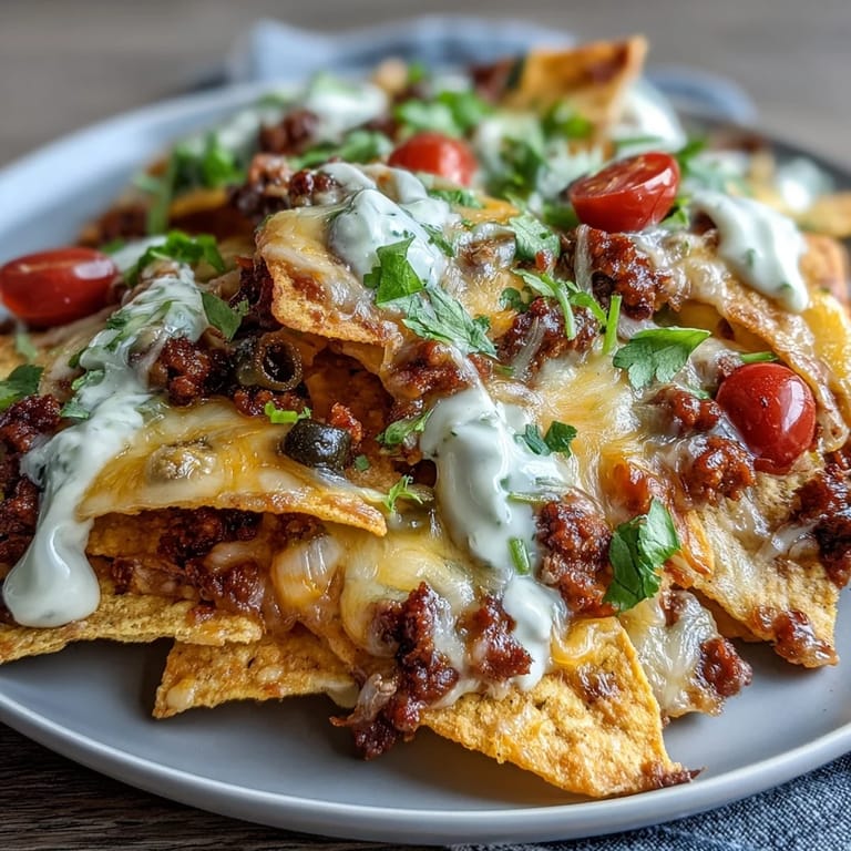 Sizzling hot Baked Nachos served on a platter, loaded with spiced ground beef, gooey cheese, sliced black olives, and a side of creamy sour cream and salsa.