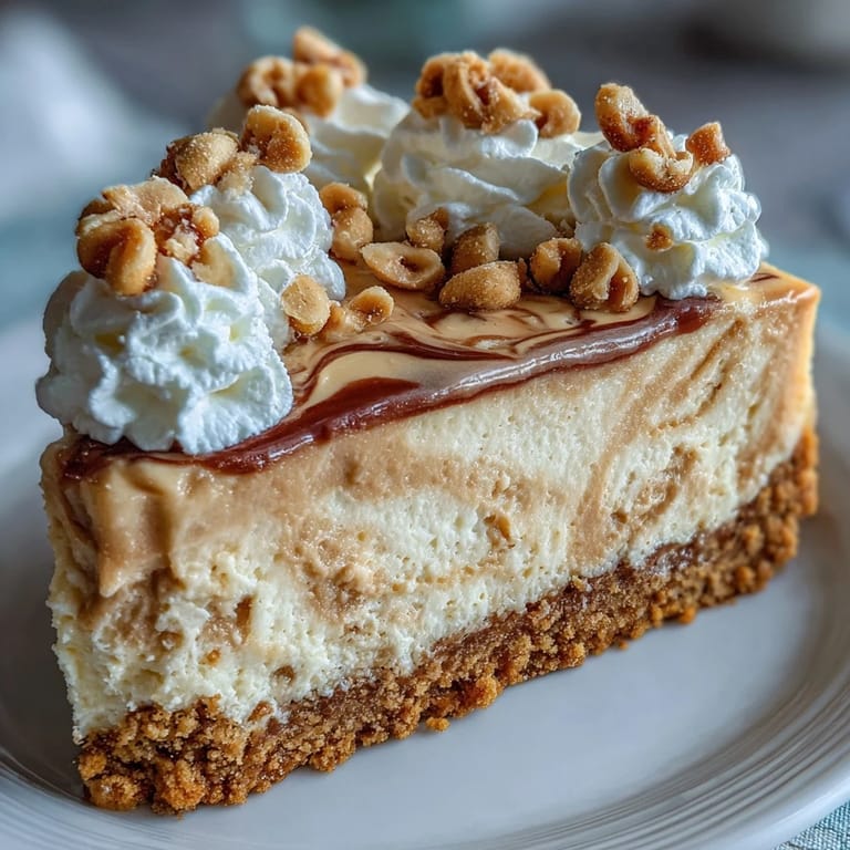 A plated slice of Nutter Butter cheesecake on a dessert plate with a fork, showcasing the marbled peanut butter swirl and airy whipped topping.