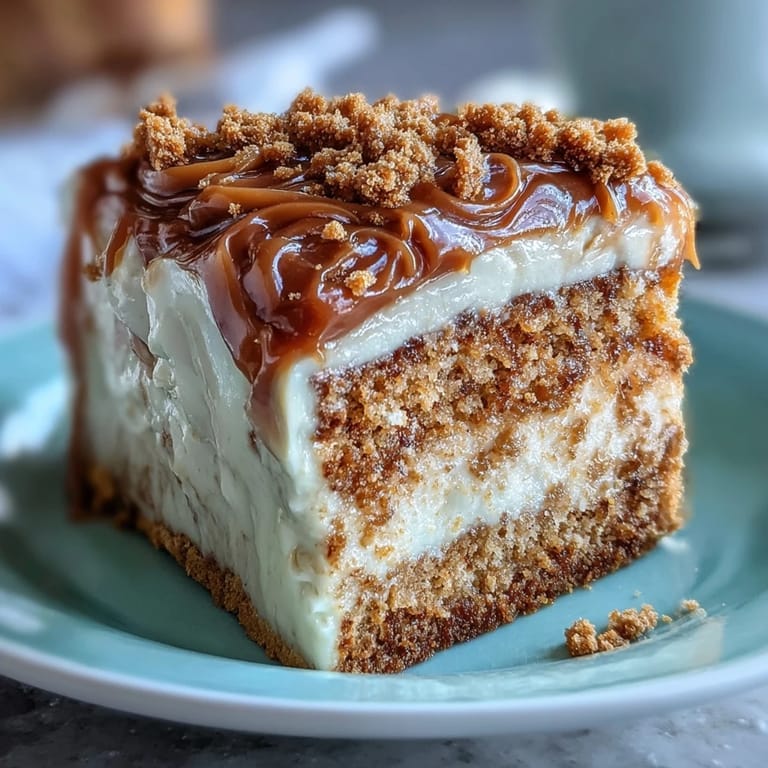 Freshly frosted Decadent Baked Biscoff Cake with extra Lotus spread drizzle and cookie crumbs for serving.
