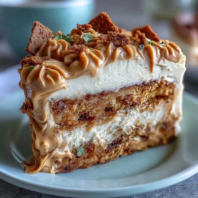 Homemade Decadent Baked Biscoff Cake with smooth Lotus frosting and crunchy biscuit pieces on top.