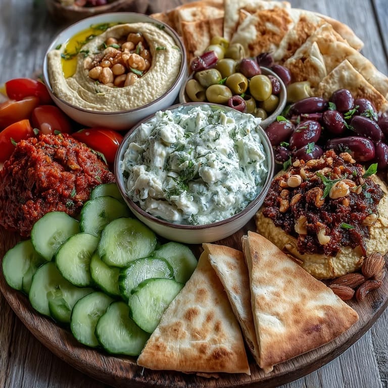 Fresh Mediterranean Brunch Board with Dips and Flatbreads is garnished with herbs and nuts, served on a rustic wooden platter.
