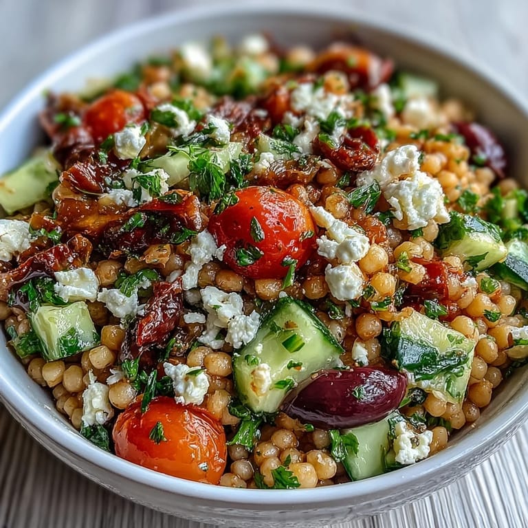 A bright serving bowl of Mediterranean Pearl Couscous featuring cherry tomatoes, red onion, and a zesty oregano vinaigrette, perfect for lunch.