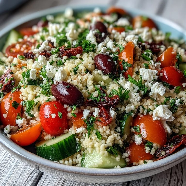 Mediterranean Pearl Couscous plated in a white dish, showcasing fluffy toasted couscous, crunchy vegetables, and briny kalamata olives for a healthy meal.