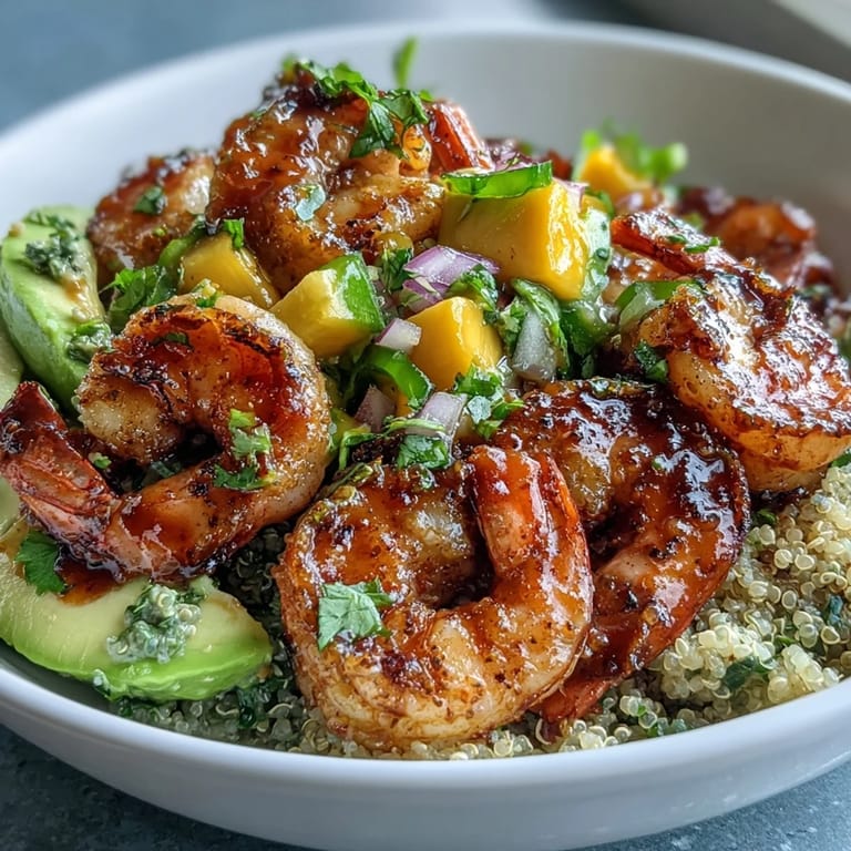 Tangy lime chili sauce coats smoky grilled shrimp beside creamy avocado and nutty quinoa in a bright bowl.