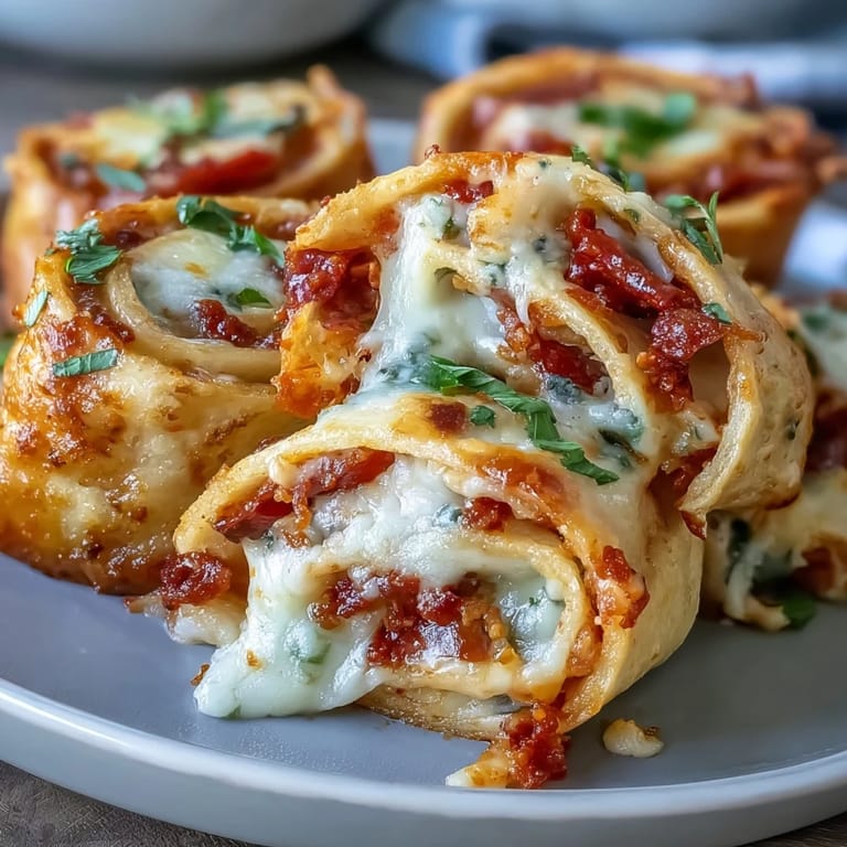 Warm Tortilla Pizza Rolls served with a small bowl of marinara dipping sauce on a rustic table.