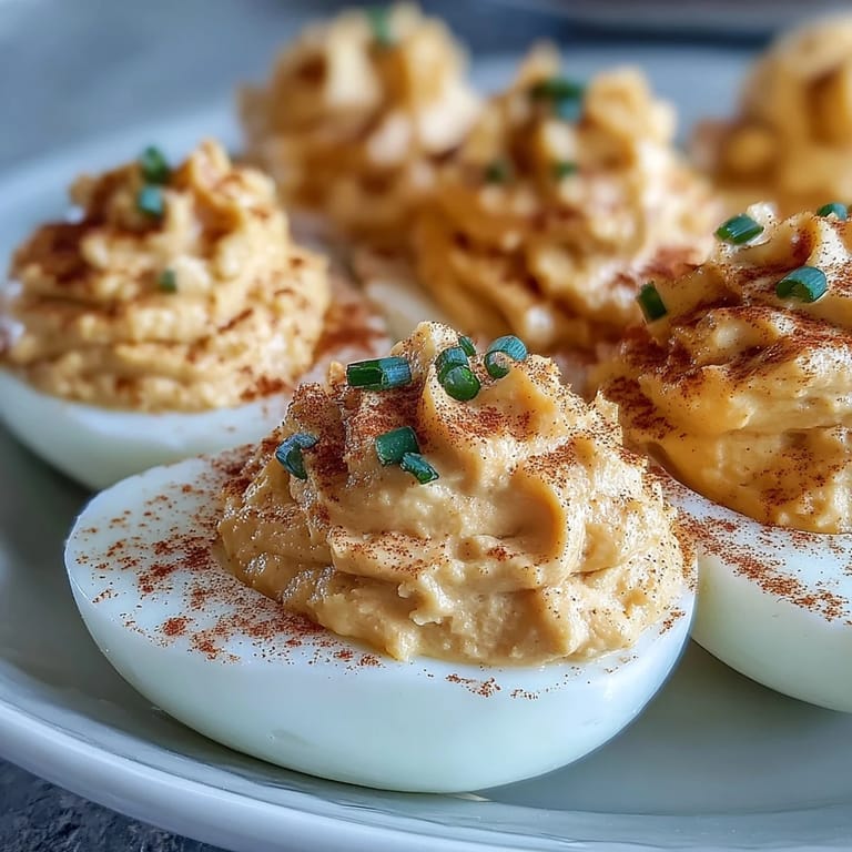 Chilled Million Dollar Deviled Eggs arranged for a party, halved eggs filled with tangy mixture.