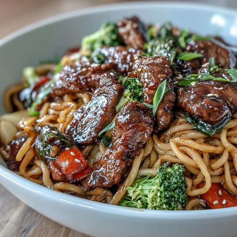 Steaming Korean Beef Noodles in a white bowl topped with green onions and sesame seeds.