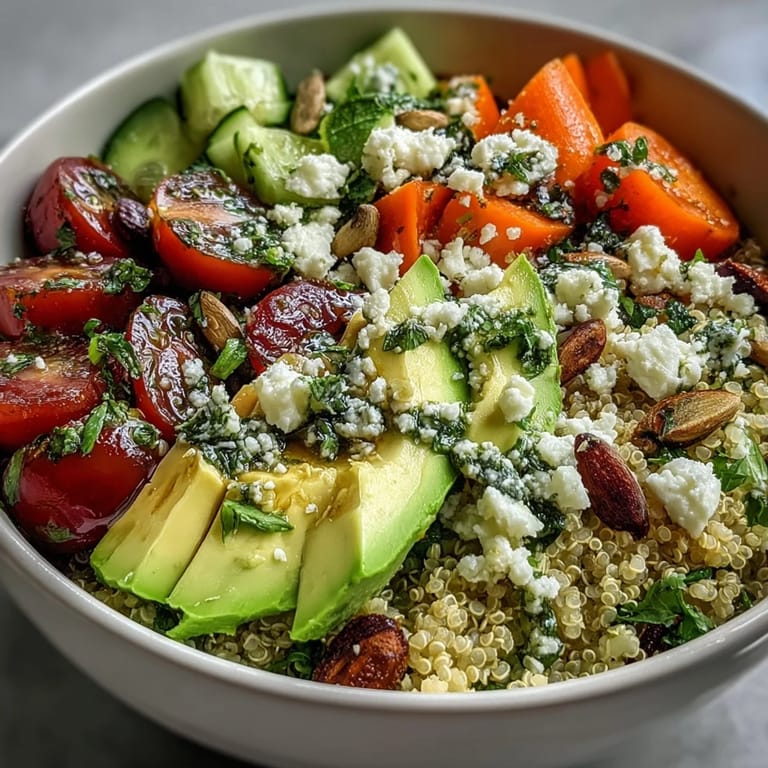 Healthy Simple Grain Bowl with quinoa, tofu, cherry tomatoes, and cucumber, drizzled with tangy Dijon dressing.