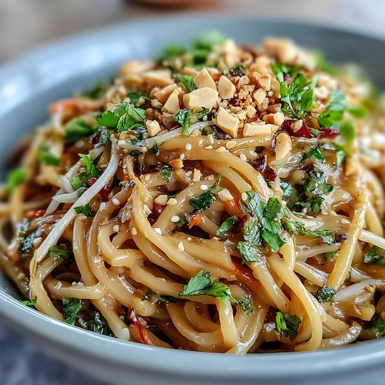 A close-up of the Asian Peanut Noodle Bowl, featuring vibrant vegetables and a glossy, savory-sweet peanut sauce, with lime wedges for a bright finish.