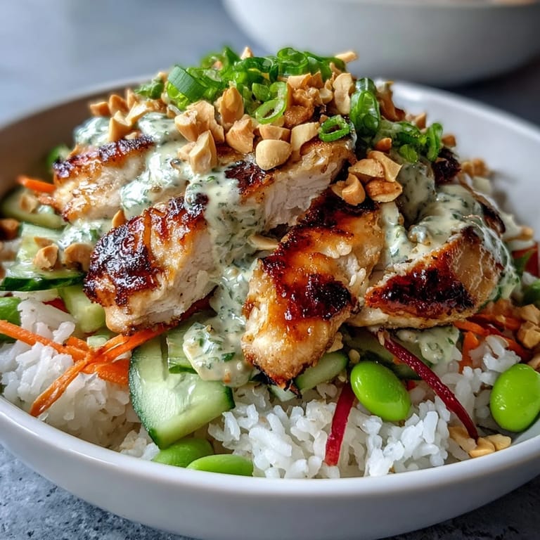 A close-up of a vibrant coconut rice bowl with succulent chicken, shredded cabbage, carrots, and a rich peanut drizzle.  