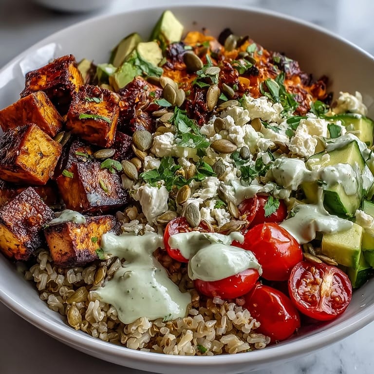 Nourishing global fusion grain bowl with tofu, avocado, steamed broccoli, and toasted sesame seeds.
