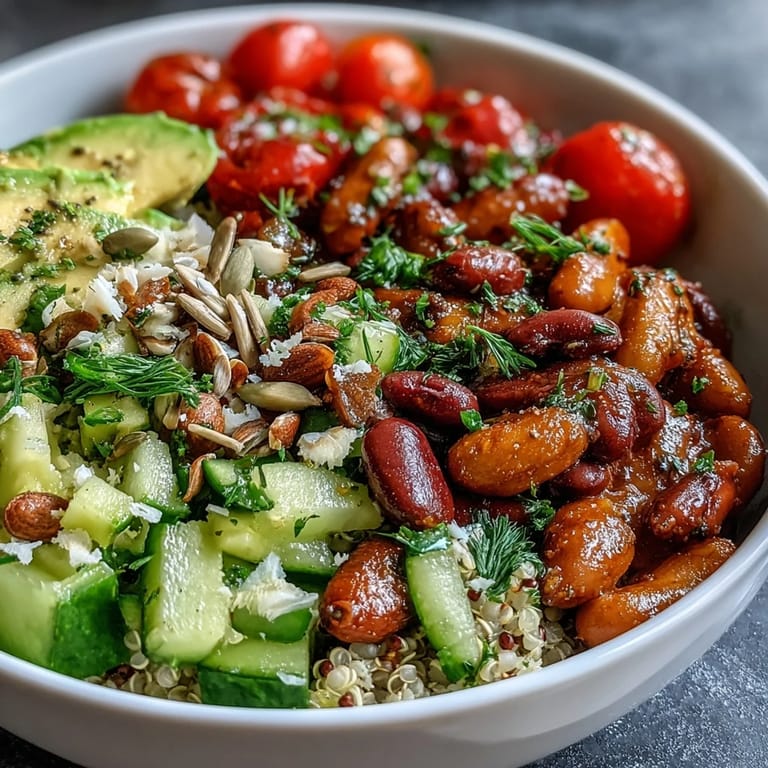 Colorful Three-Bean Power Bowl featuring black beans, chickpeas, and kidney beans with quinoa, served in a white ceramic bowl for lunch.