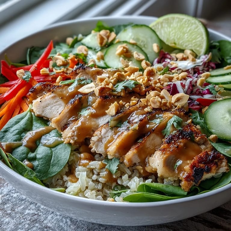 Fresh cucumber, purple cabbage, and carrots add crisp texture to this hearty Peanut Chicken Power Bowl, topped with roasted peanuts and lime.