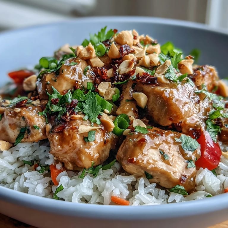 Thai Peanut Chicken Bowl garnished with fresh cilantro, chopped peanuts, and lime wedges, served in a ceramic bowl on a rustic wooden table.