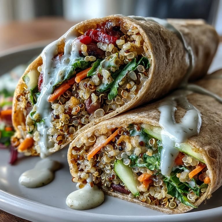 Close-up of a whole wheat Black-Eyed Pea Wrap packed with black-eyed peas, grains, and crisp fresh vegetables.