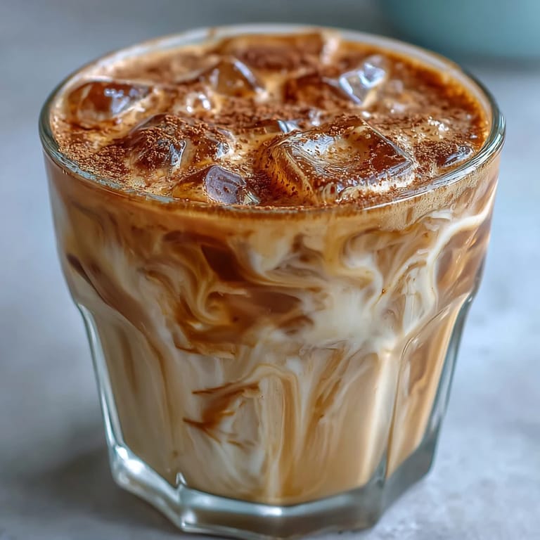A freshly prepared iced hojicha latte with maple syrup and vanilla, served in a clear glass with ice.