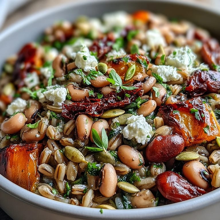Crisp pumpkin seeds and fresh herbs top a warm Black-Eyed Pea Grain Bowl.