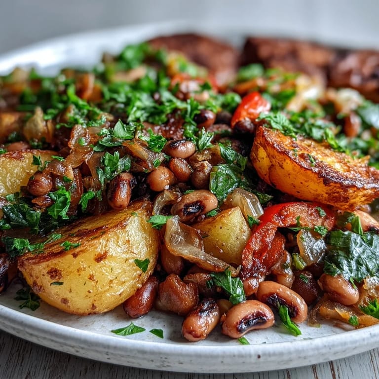 Hearty vegetarian Black-Eyed Pea Hash with colorful bell peppers and onions, served hot as a savory breakfast side dish topped with fresh parsley.