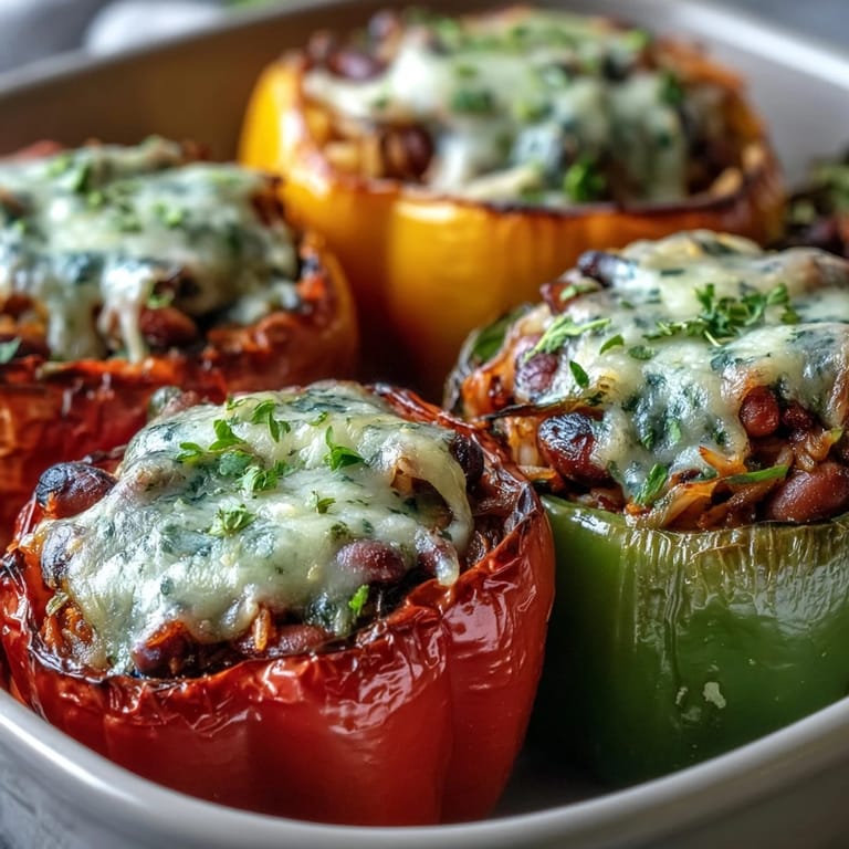 Black-Eyed Pea Stuffed Peppers topped with melted cheddar cheese and fresh parsley garnish on a rustic wooden table.