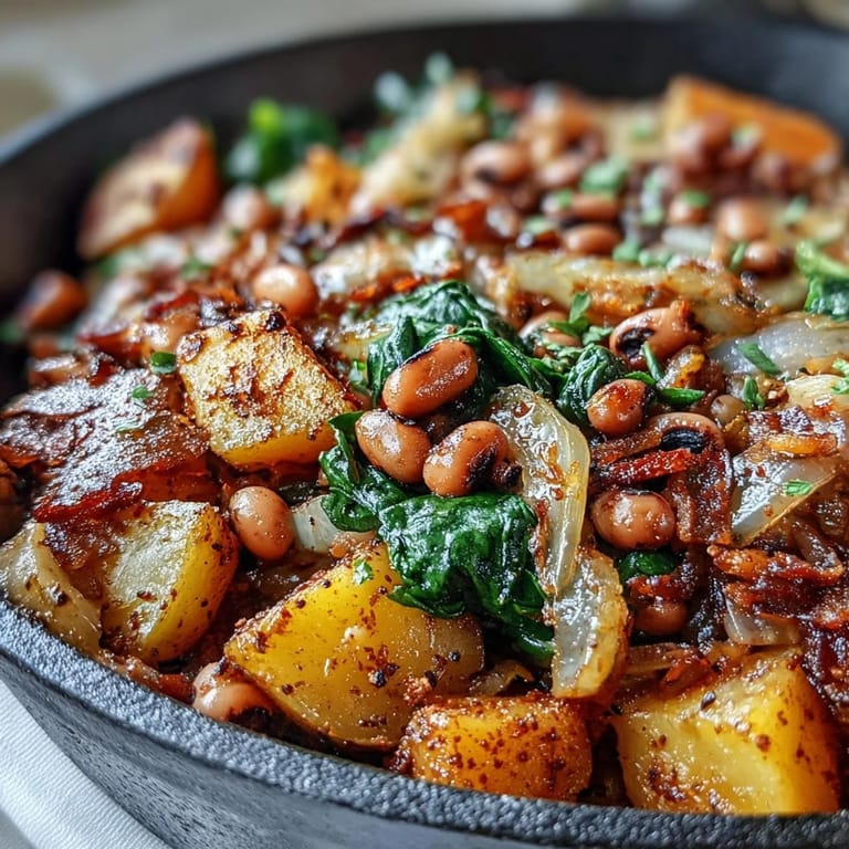 A close-up of Black-Eyed Pea Skillet Dinner, seasoned with smoked paprika and fresh parsley in a hot pan.
