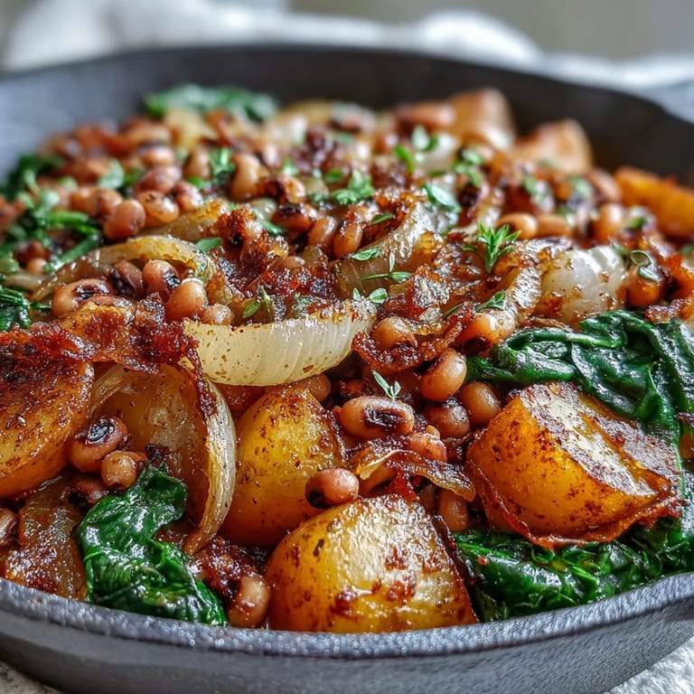Black-Eyed Pea Skillet Dinner plated with lemon wedges and a side of cornbread, ideal for a hearty vegetarian meal.