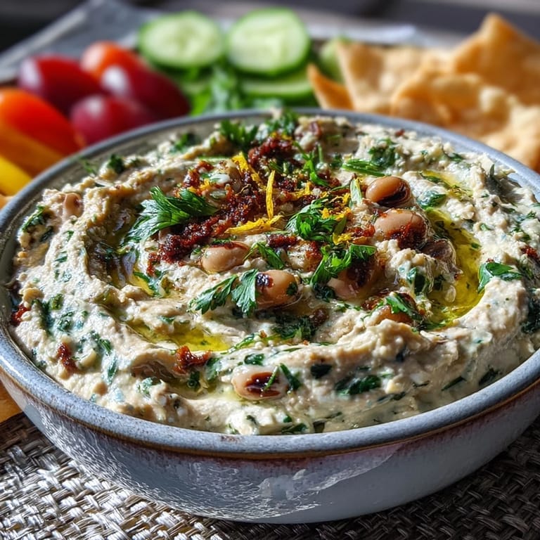 A bowl of smashed black-eyed peas, infused with garlic and olive oil, served alongside crunchy pita chips and colorful veggie sticks.