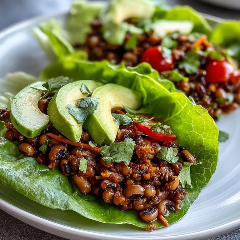 Close-up view of Black-Eyed Pea Lettuce Wraps showing a savory filling of black-eyed peas, shredded carrots, and cherry tomatoes nestled in a green lettuce cup.