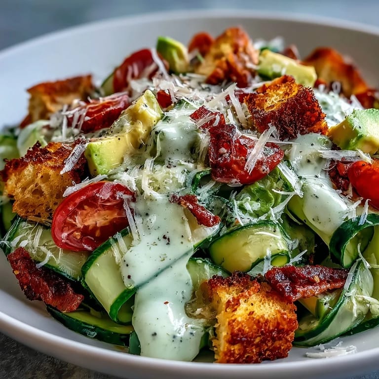 A close-up of Cucumber Caesar Salad, featuring crisp cucumber rounds coated in tangy dressing with shaved Parmesan. Fresh dill and black pepper garnish this low-carb, hydrating meal for a healthy dinner.
