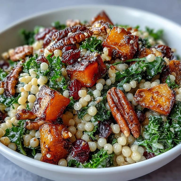 Roasted butternut squash and toasted pecans add cozy warmth to this honey-dressed Pearl Couscous Salad.