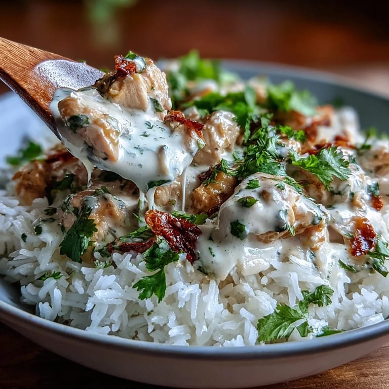A vibrant overhead view of a tropical Coconut Chicken Rice Bowl, featuring saucy chicken, jasmine rice, and fresh herbs, perfect for a quick weeknight dinner.