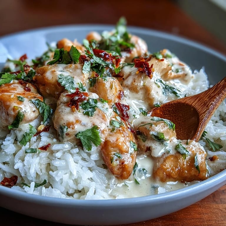 Close-up on tender chicken pieces coated in rich coconut milk sauce, resting on a bed of rice with bright green onions and lime wedges.
