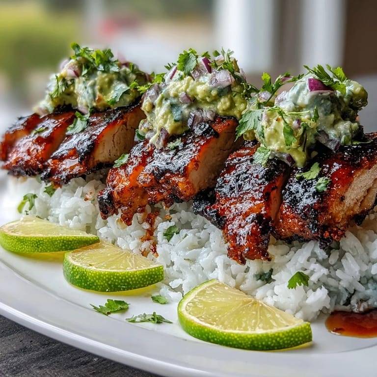 A close look at the Tangy Honey Lime Chicken stack reveals juicy grilled slices, cilantro, and a bright avocado mix.