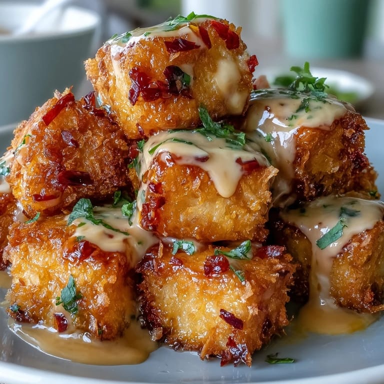 A close-up of crispy Bang Bang Salmon Bites topped with fresh green onions and sesame seeds.