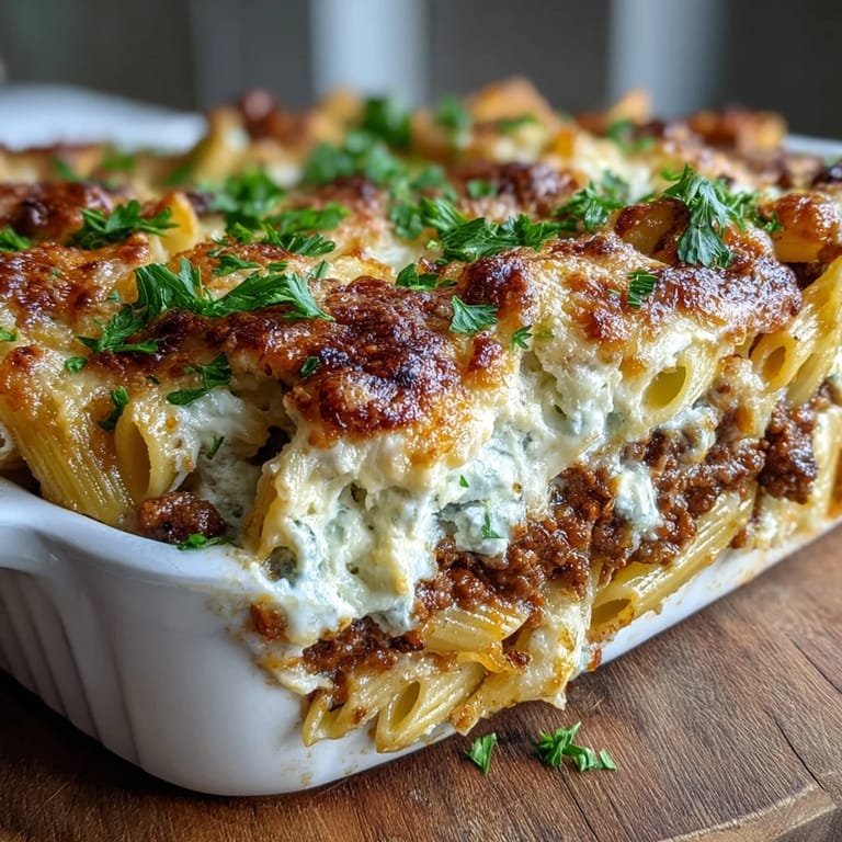 Golden, bubbly mozzarella and Parmesan top a layered Cottage Cheese Protein Pasta Bake with Ground Beef, served in a white baking dish.