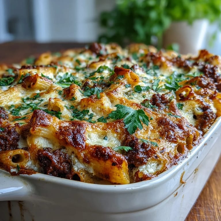 A fork lifts a cheesy portion from the Cottage Cheese Protein Pasta Bake with Ground Beef, revealing hearty beef and marinara layers.
