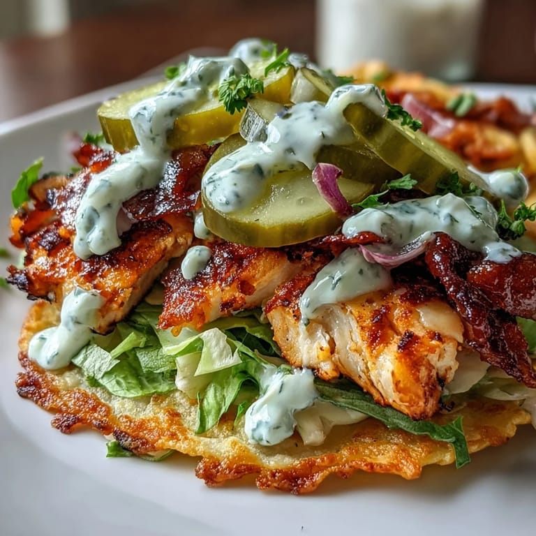 Freshly assembled tacos featuring juicy ranch-seasoned chicken, tangy dill pickles, and a golden, crunchy cheese base for an irresistible texture.